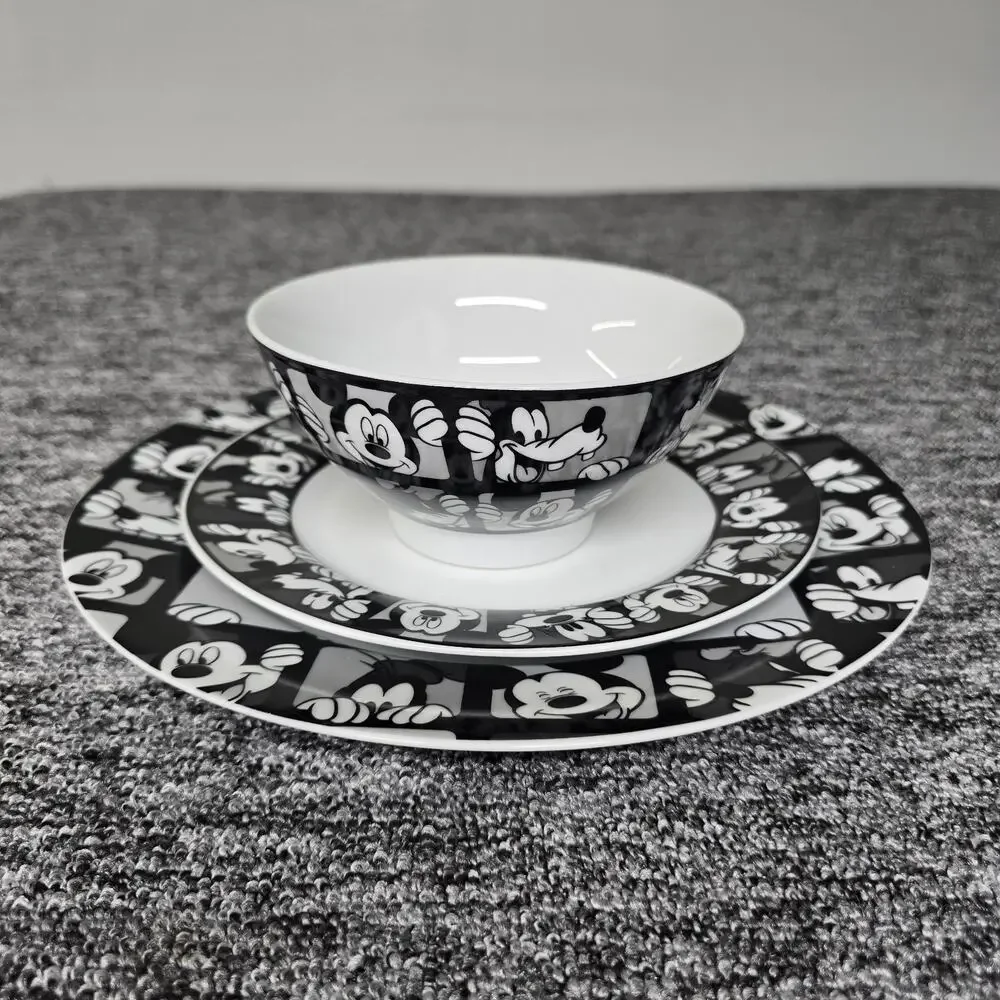Disney Mickey Mouse & Goofy Grid Dinnerware Set 3 Piece Black & White